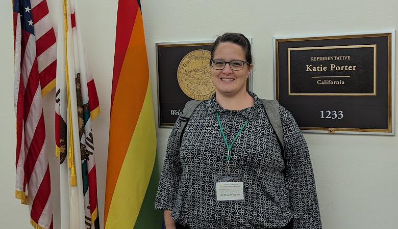 Andrea Wagner in front of Katie Porter's office.